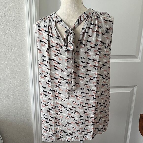 LOFT Multicolor Horse Print Blouse Tie Back SZ M NWT - Picture 4 of 10